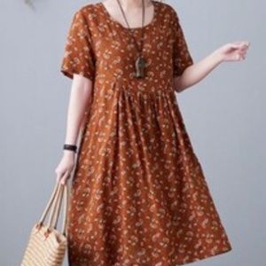 Floral Print Short Sleeve Linen Blend Loose Casual Summer Knee-Length Dress